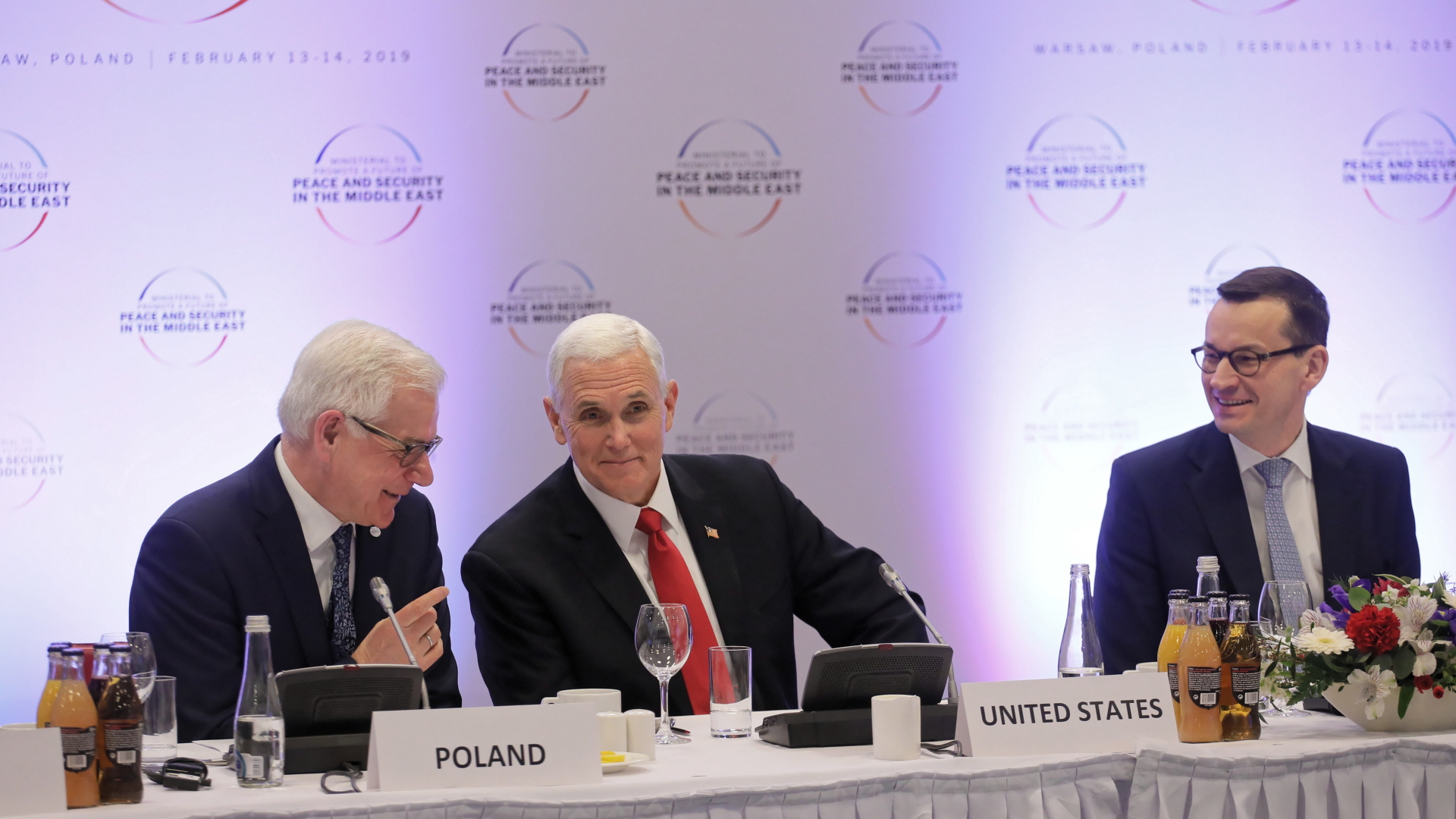 Polens Außenminister Jacek Czaputowicz, US-Vizepräsident Mike Pence und der polnische Premier Mateusz Morawiecki.