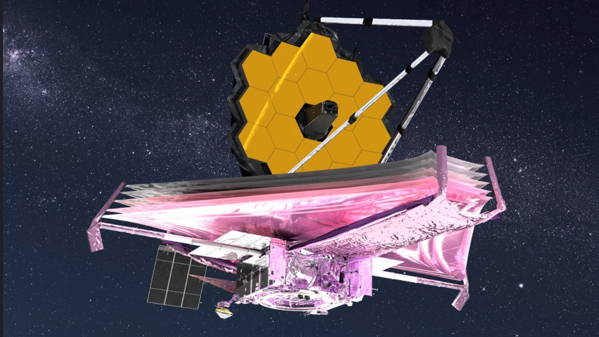 Die künstlerische Darstellung des James Webb Weltraumteleskops im All zeigt alle Hauptelemente vollständig entfaltet.  | picture alliance/dpa/NASA GSFC/C