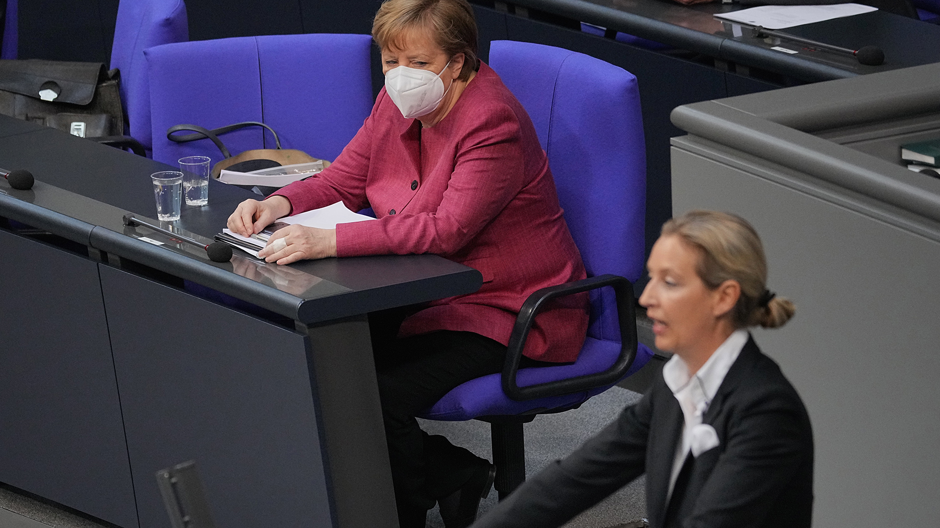 Angela Merkel schaut zu Alice Weidel in der Sitzung des Bundestags. | dpa