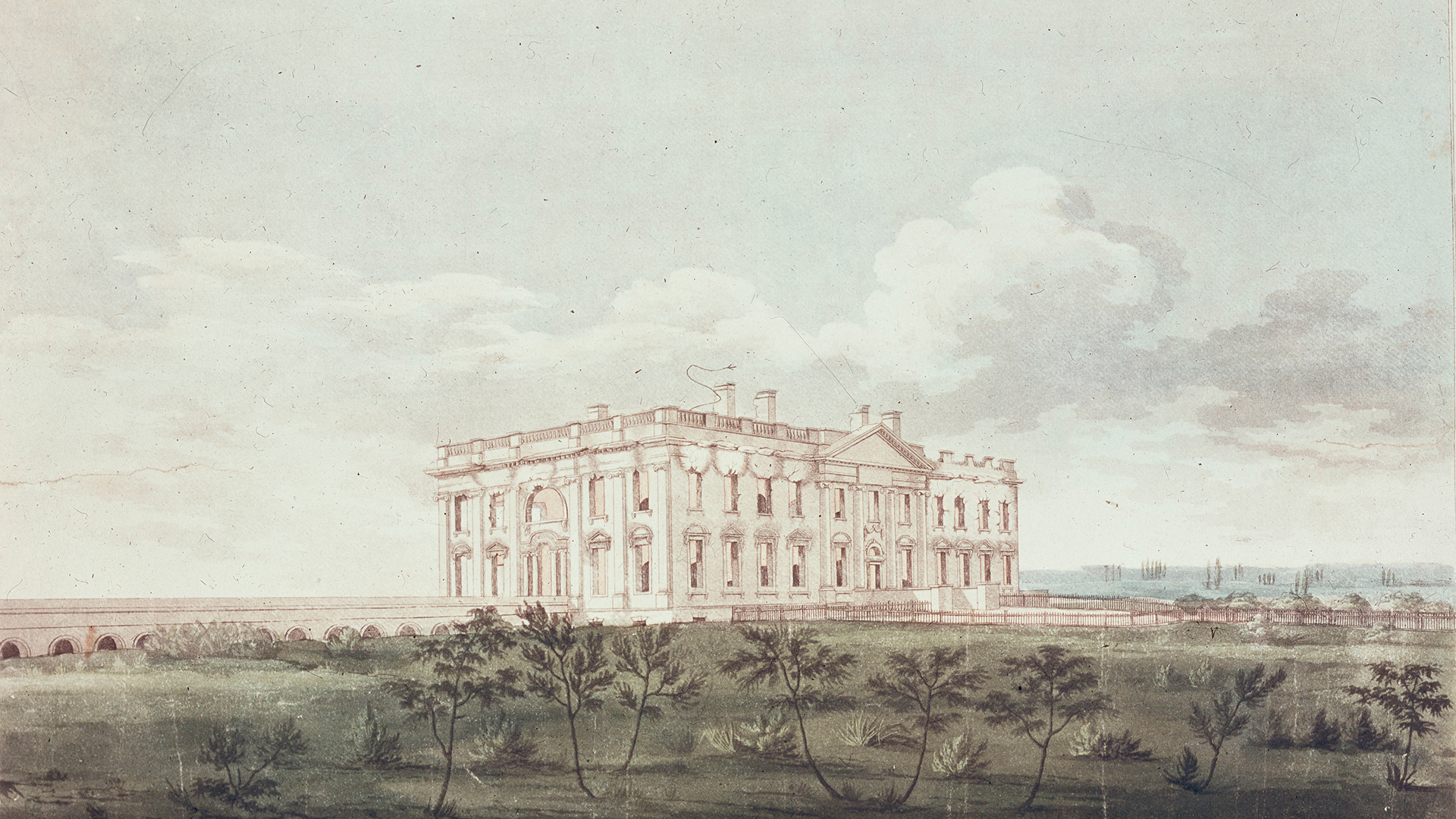 Aquatinta von William Strickland vom Weißen Haus im Jahr 1814 | picture-alliance / akg-images