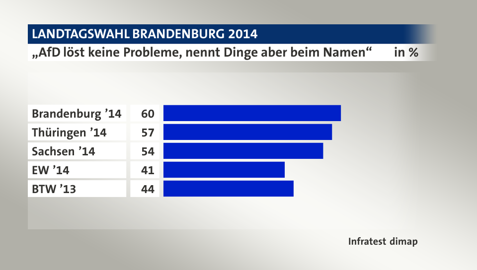 „AfD löst keine Probleme, nennt Dinge aber beim Namen“, in %: Brandenburg ’14 60, Thüringen ’14 57, Sachsen ’14 54, EW ’14 41, BTW ’13 44, Quelle: Infratest dimap