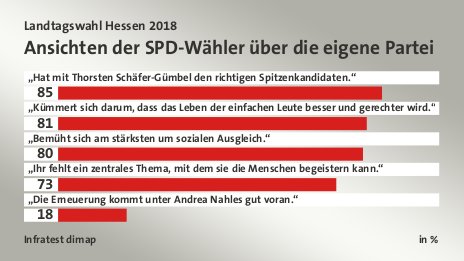 Ansichten der SPD-Wähler über die eigene Partei, in %: „Hat mit Thorsten Schäfer-Gümbel den richtigen Spitzenkandidaten.“ 85, „Kümmert sich darum, dass das Leben der einfachen Leute besser und gerechter wird.“ 81, „Bemüht sich am stärksten um sozialen Ausgleich.“ 80, „Ihr fehlt ein zentrales Thema, mit dem sie die Menschen begeistern kann.“ 73, „Die Erneuerung kommt unter Andrea Nahles gut voran.“ 18, Quelle: Infratest dimap