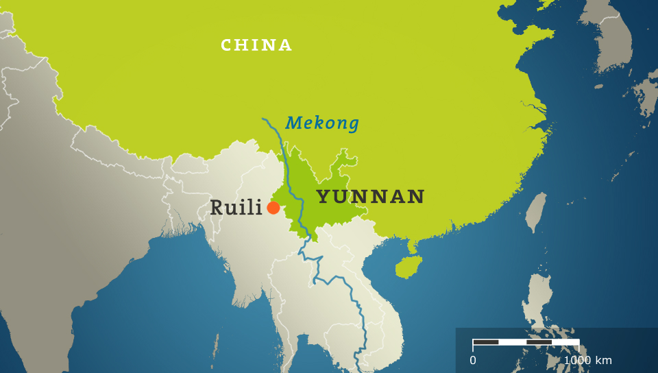 Karte: China mit der Provinz Yunnan, der Stadt Ruili und dem Mekong