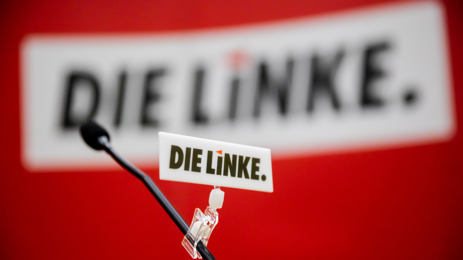 Logo der Partei Die Linke ist auf einem Schild an einem Mikrofon zu sehen | dpa
