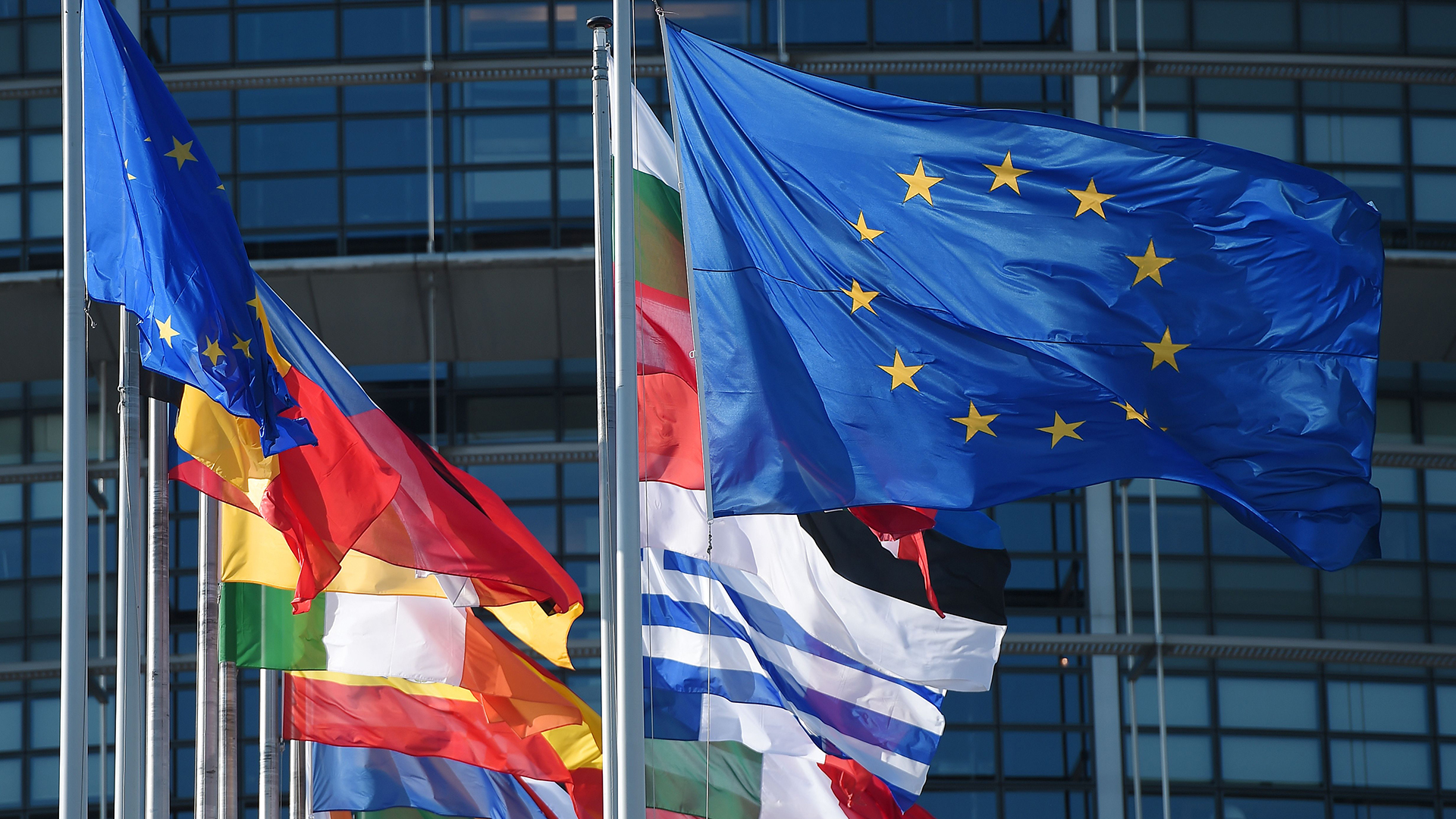Flaggen wehen vor dem Gebäude des EU-Parlaments in Straßburg. | AFP