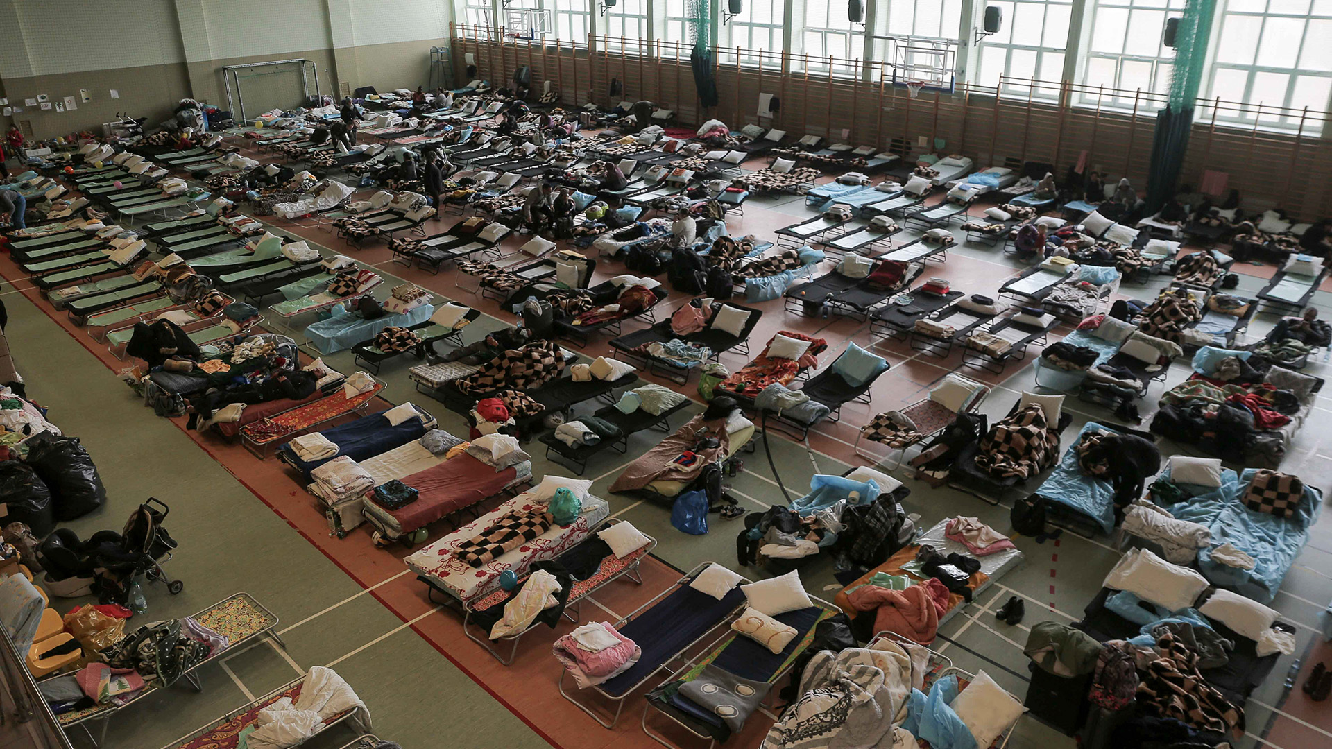 Hunderte von Betten stehen in einer Sporthalle, um ukrainische Flüchtlinge am polnischen Grenzübergang Medyka unterzubringen. (Aufnahme vom 1.3.22) | dpa