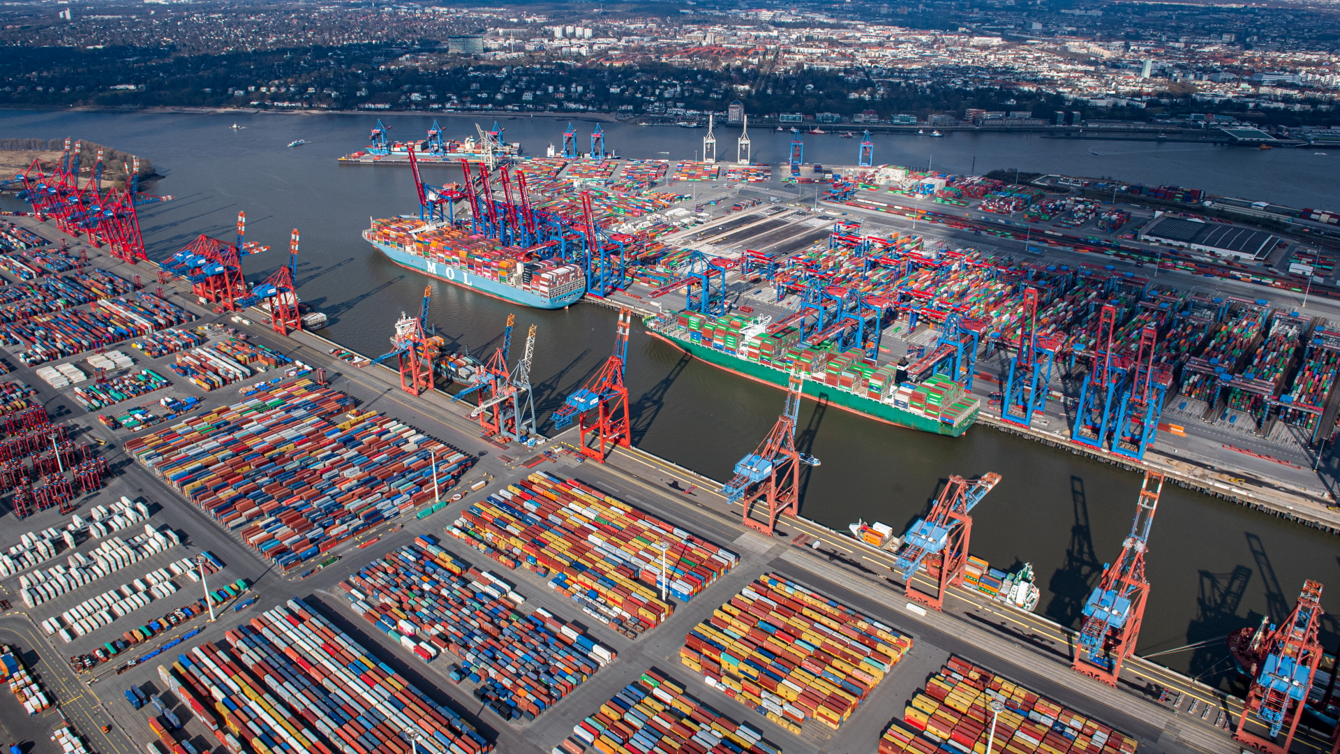 Container und Containerbrücken an einem Terminal im Hamburger Hafen | dpa
