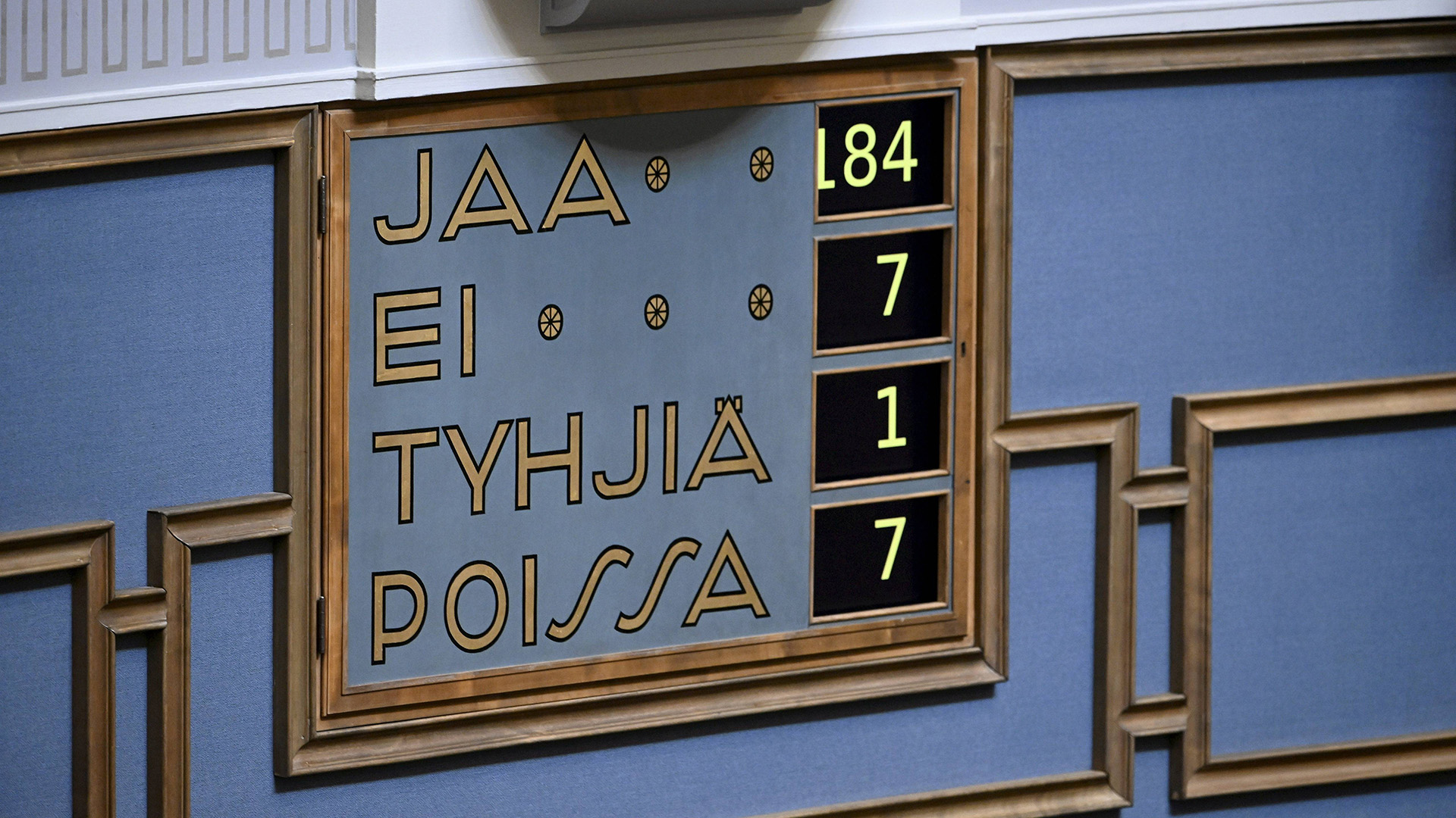 Das Ergebnis der NATO-Abstimmung im Parlament in Helsinki (Finnland). | IMAGO/Lehtikuva