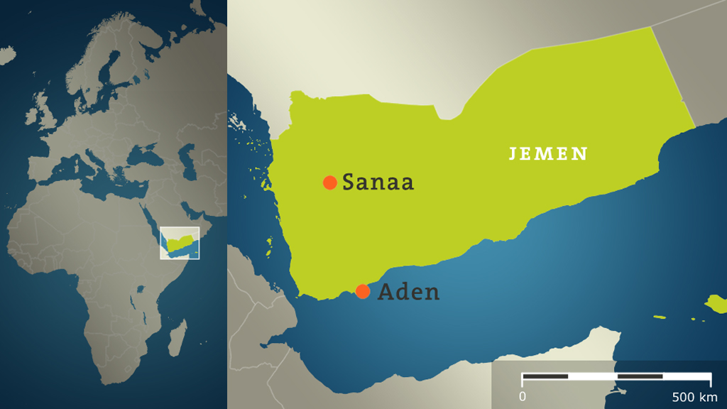 Karte: Jemen mit Sanaa und Aden