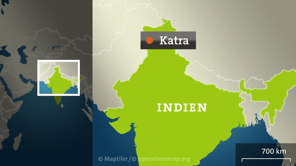 Karte von Indien mit der Stadt Katra in der Region Jammu.