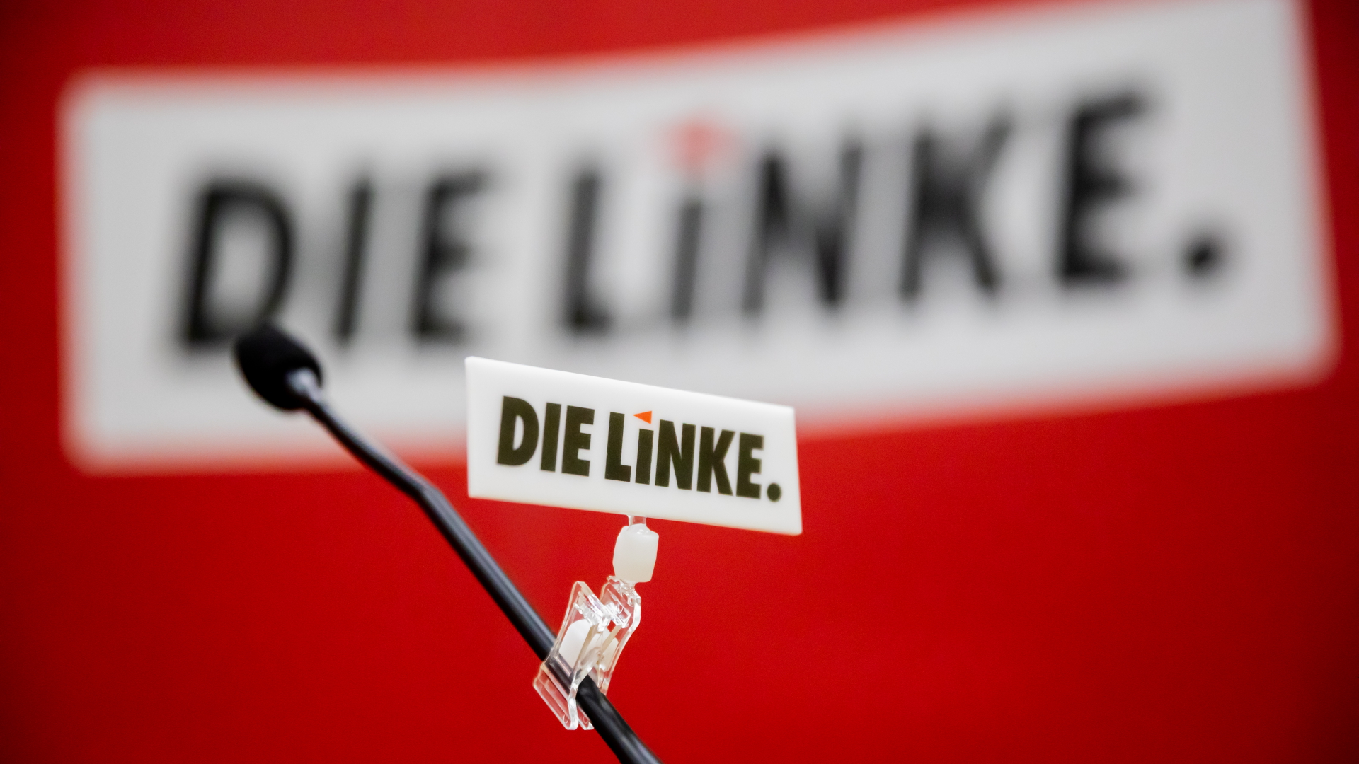 Das Logo der Partei Die Linke klemmt an einem Mikrofon. | dpa