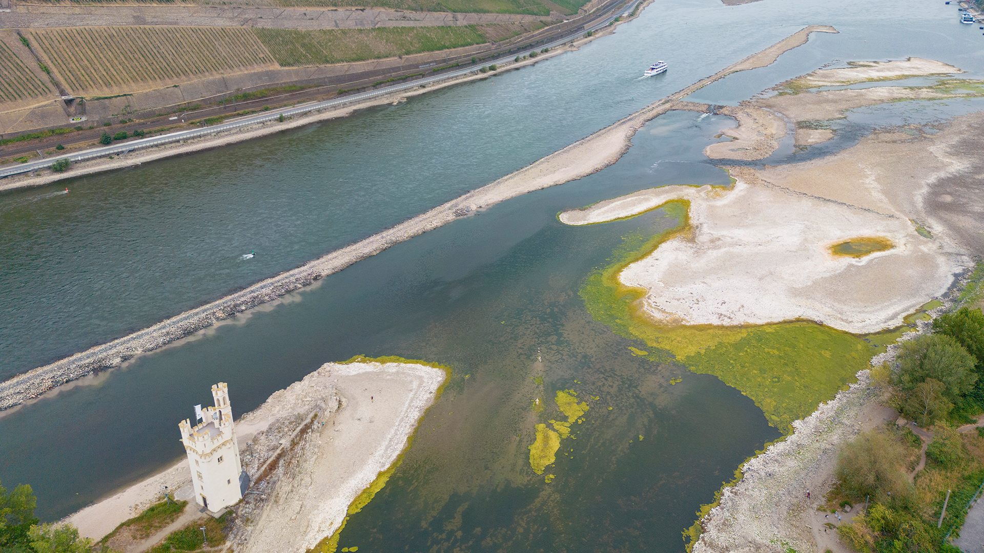 Luftbild vom Rhein bei Bingen mit wenig Wasser. | dpa