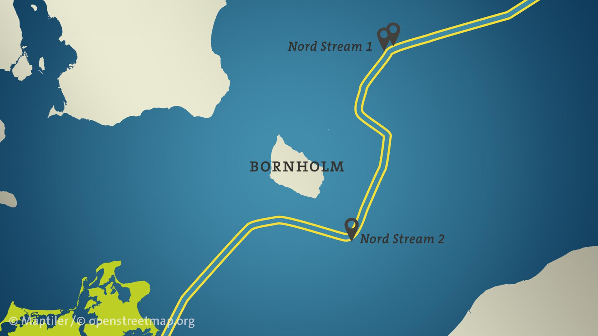 Karte von Bornholm mit den Pipelines Nord Stream 1 und 2