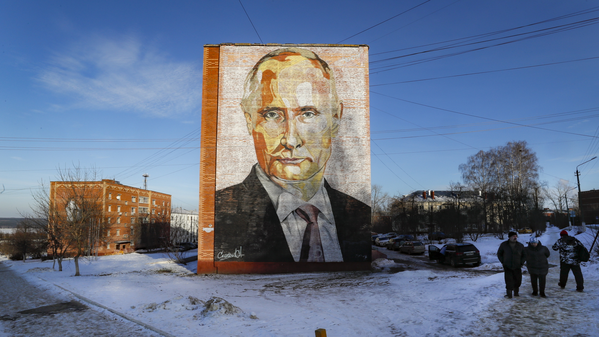 Ein Putin-Wandgemälde auf einem Wohngebäude Moskau. | EPA
