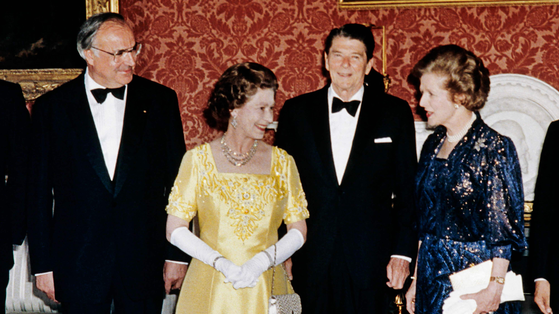 Queen Elizabeth II. mit Helmut Kohl, Ronald Reagan und Margaret Thatcher | AFP