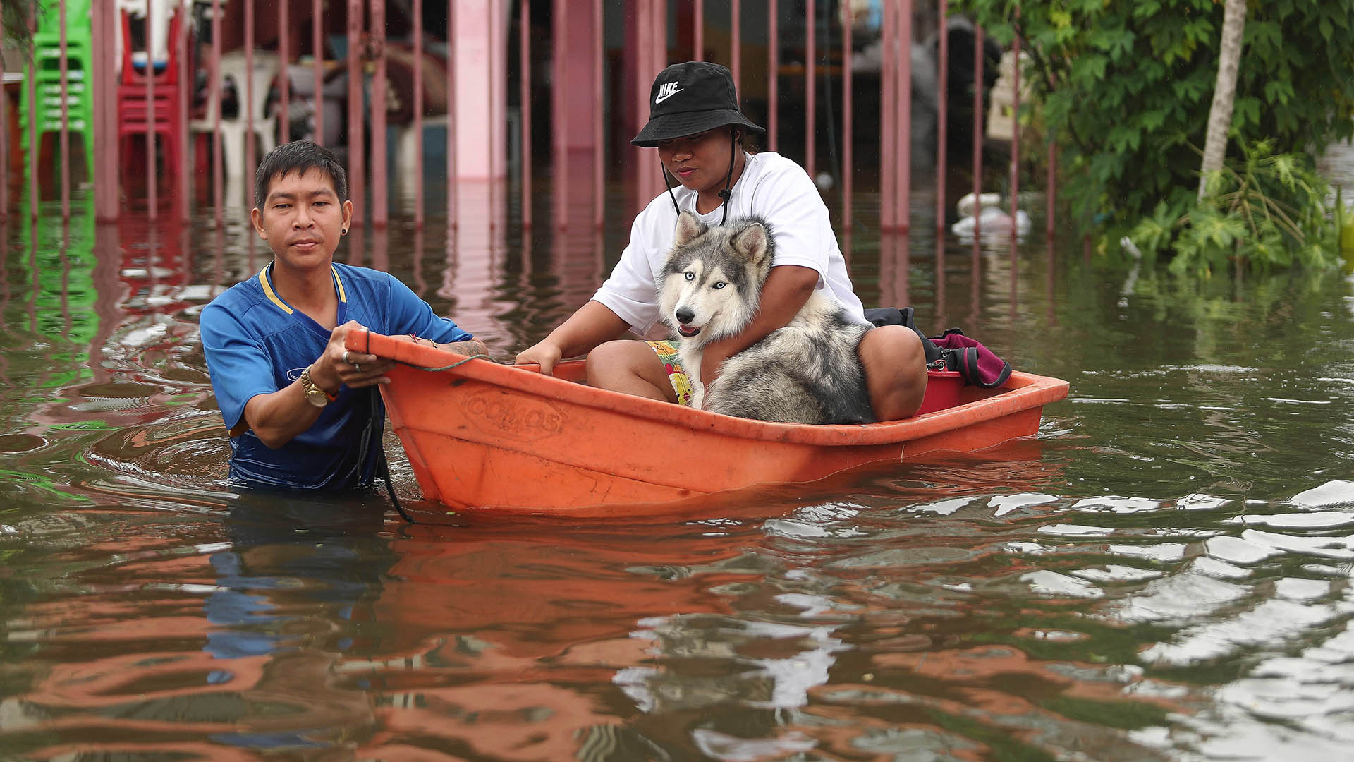 Anwohner mit einem Hund waten in der Provinz Ubon Ratchathani im Nordosten Thailands durch Wasserfluten. | dpa