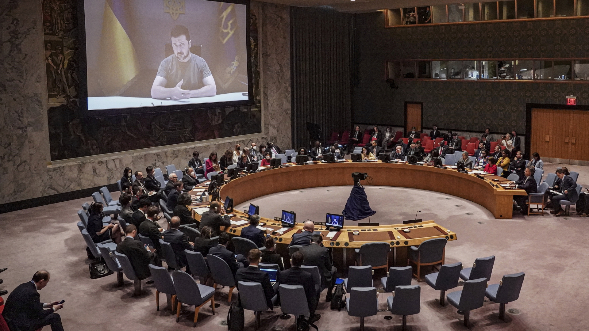 Der ukrainische Präsident Selenskyj spricht per Videoschalte zum UN-Sicherheitsrat. | AP